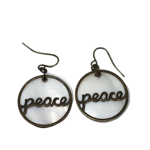 MOP brass "peace" earrings boho free spirit statement dangle drop.